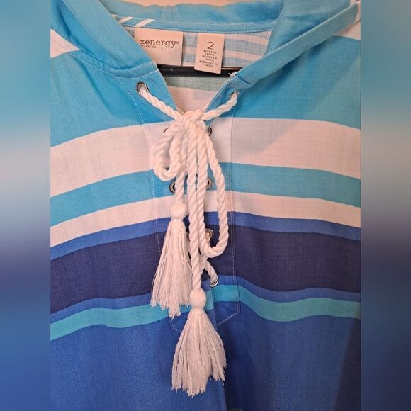 Chicos Top Womens SIZE 2 Blue Zenergy Striped Tie Up Tunic Hood - Picture 3 of 8
